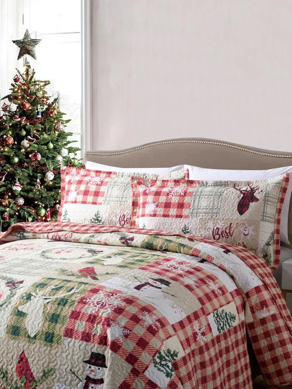 Red Christmas Plaid 3 piece queen Quilted Bedding Set